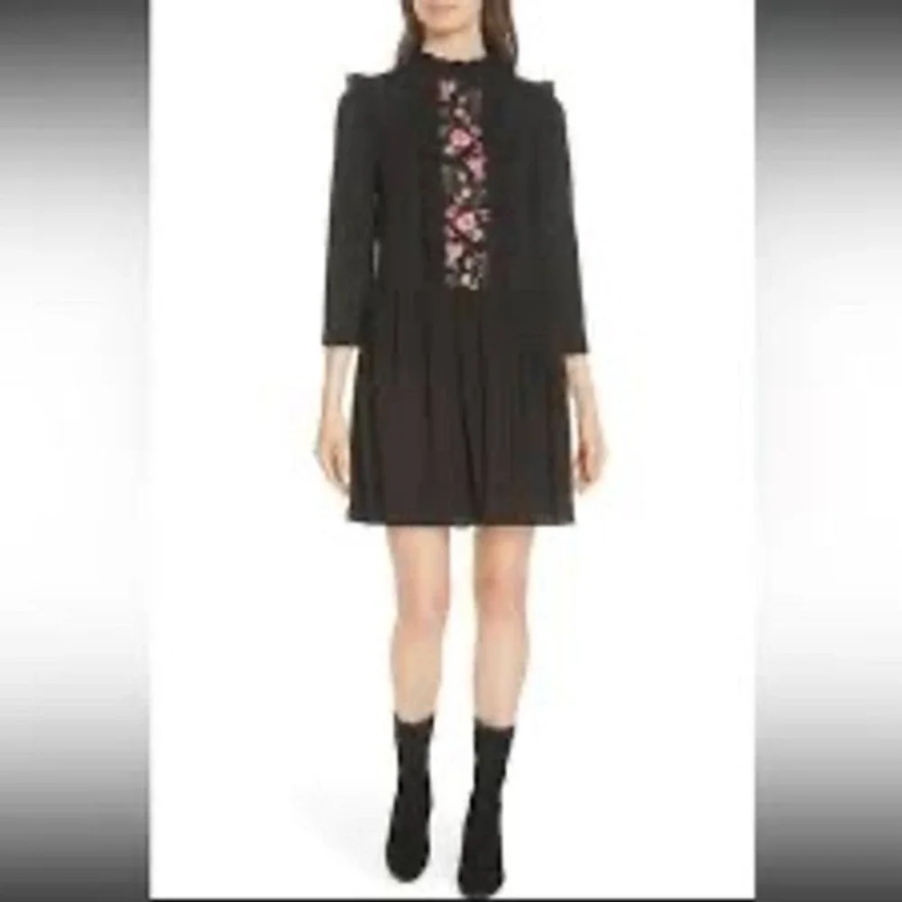 Kate Spade Black‎ Floral Broome Street Embroidered Ruffle Dress Size S
